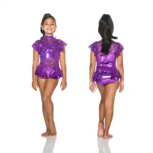 Girl modeling purple sequined dance costume, front and back views