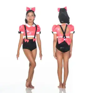 Girl modeling pink and black bow-accented dance costume