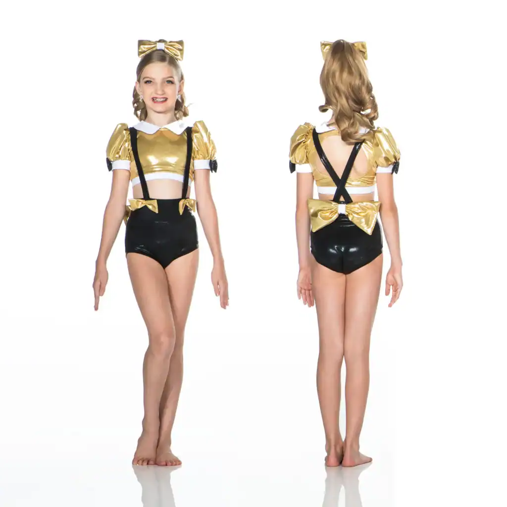 Girl modeling gold and black costume, front and back views
