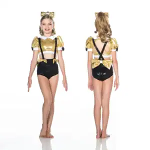 Girl modeling gold and black costume, front and back views