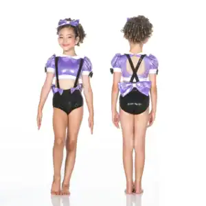 Girl modeling purple and black dance costume, front and back