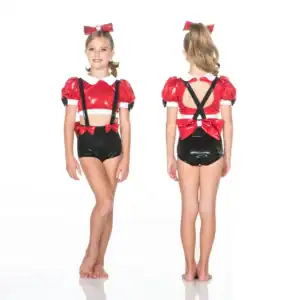 Girl modeling red and black dance costume, front and back