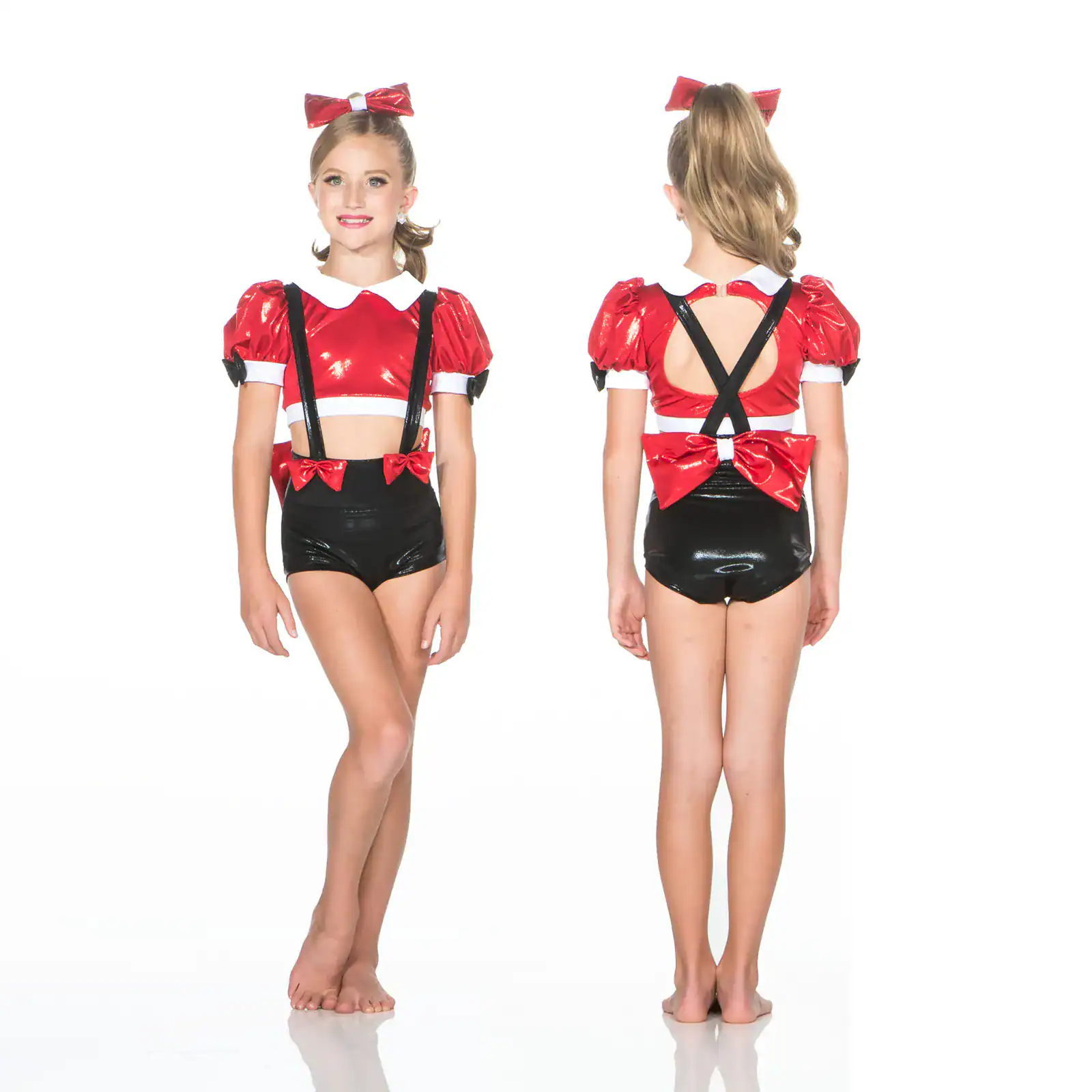 Girl modeling red and black dance costume, front and back