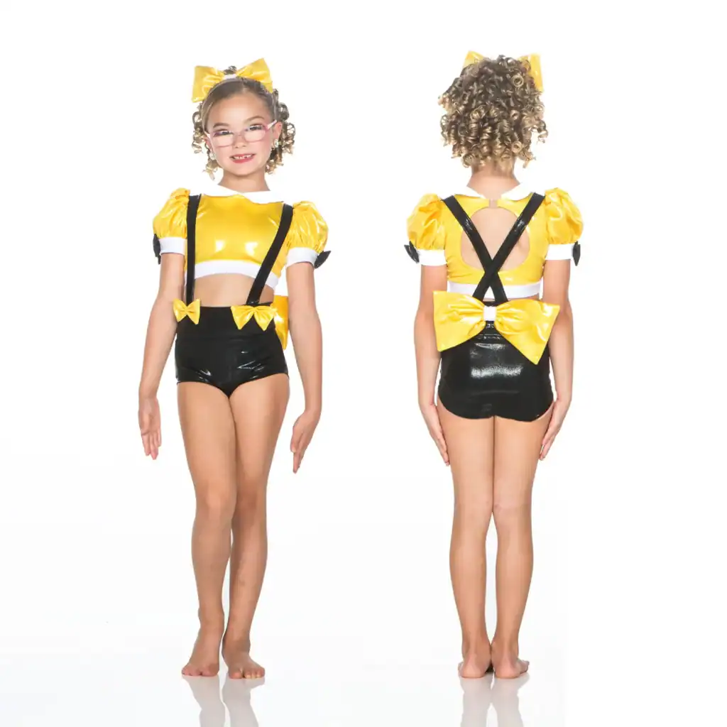 Girl modeling yellow and black dance costume, front and back.