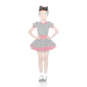 Smiling girl wearing a black polka-dot dress and bow