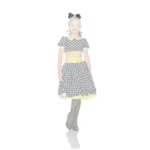 Girl wearing black polka-dot dress with yellow trim and bow