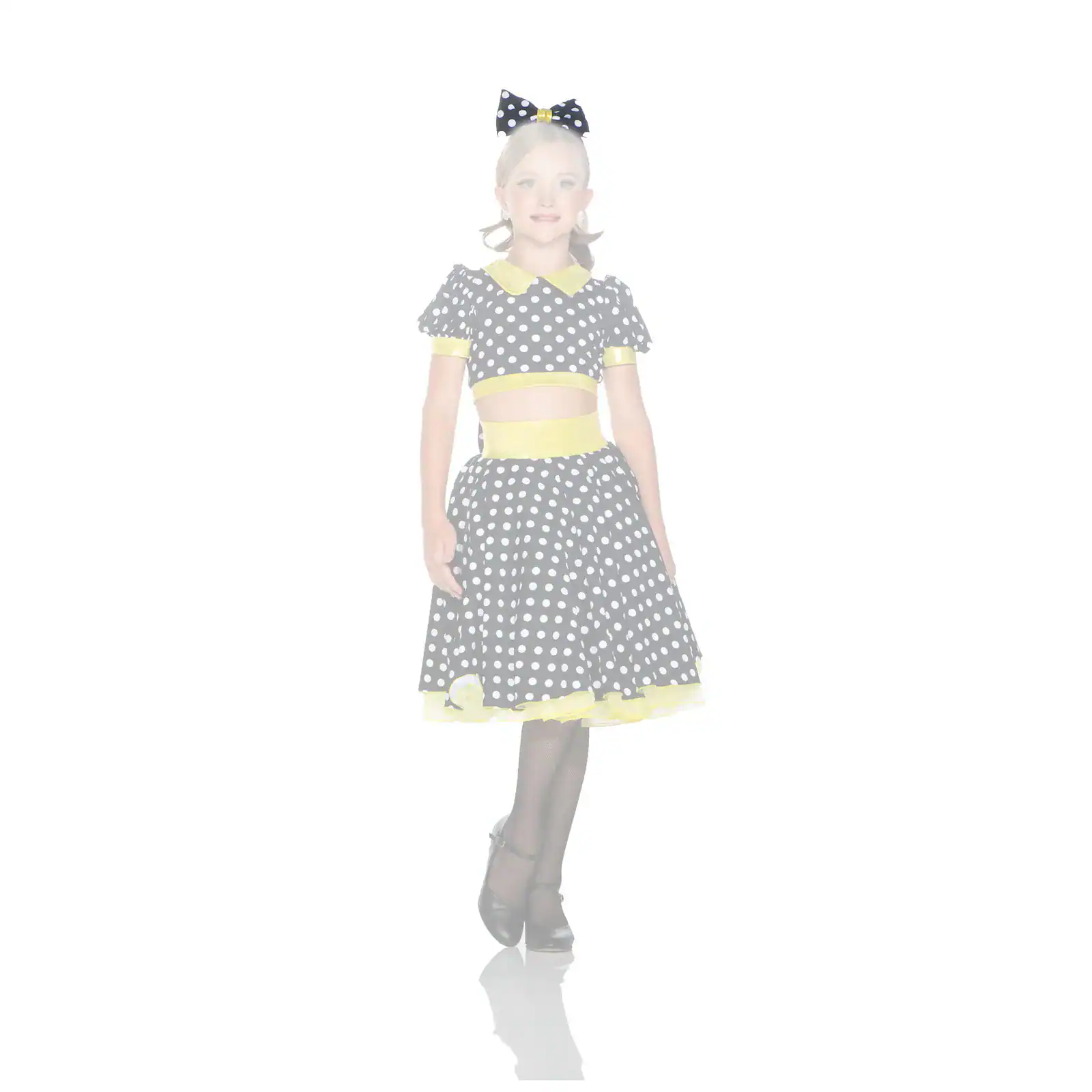 Girl wearing black polka-dot dress with yellow trim and bow