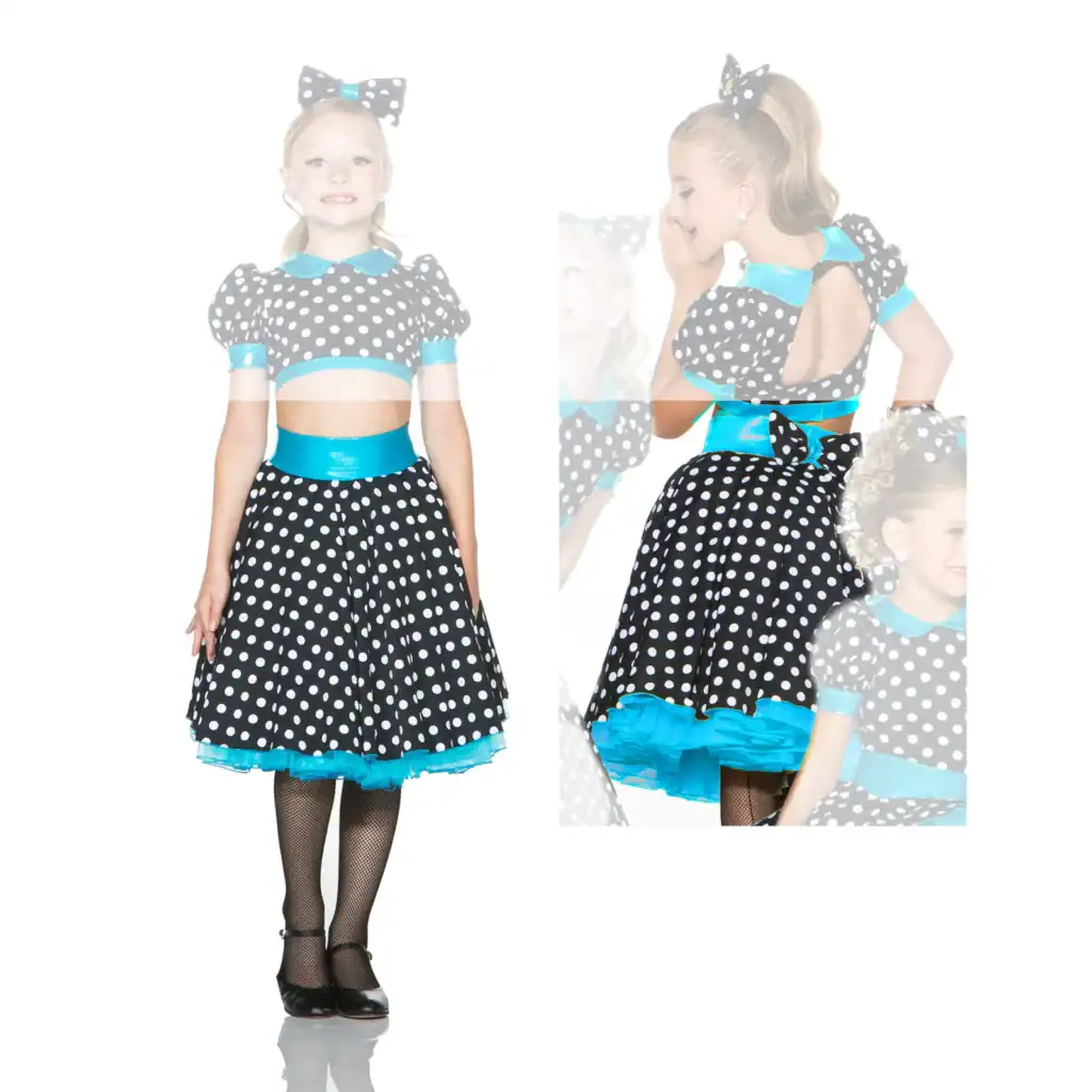 Girl wearing black polka-dot dance costume with turquoise accents