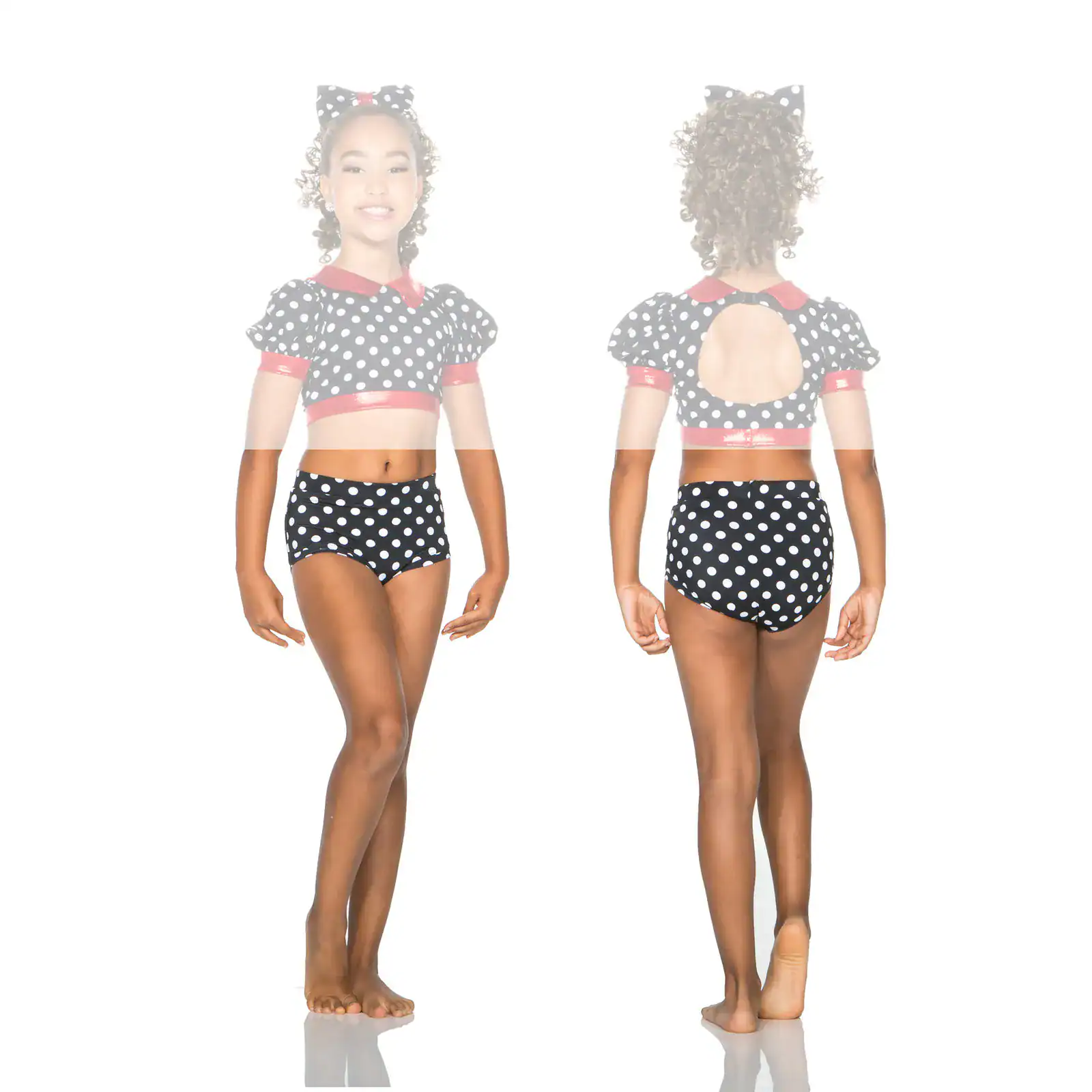 Girl modeling black polka-dot dance outfit, front and back views