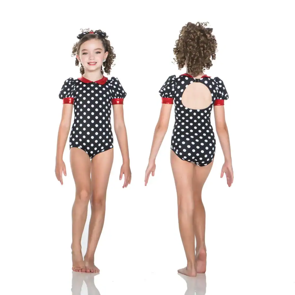 Girl modeling black polka-dot leotard, front and back views