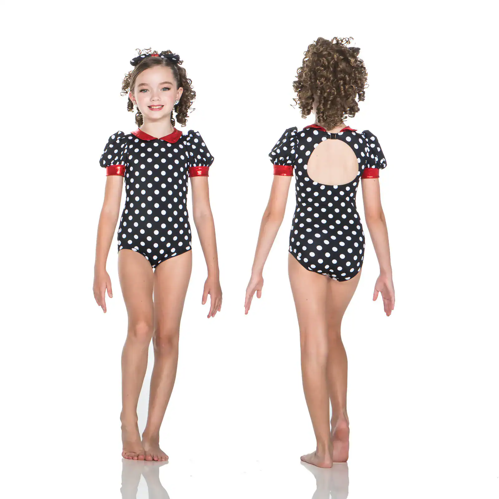 Girl modeling black polka-dot leotard, front and back views