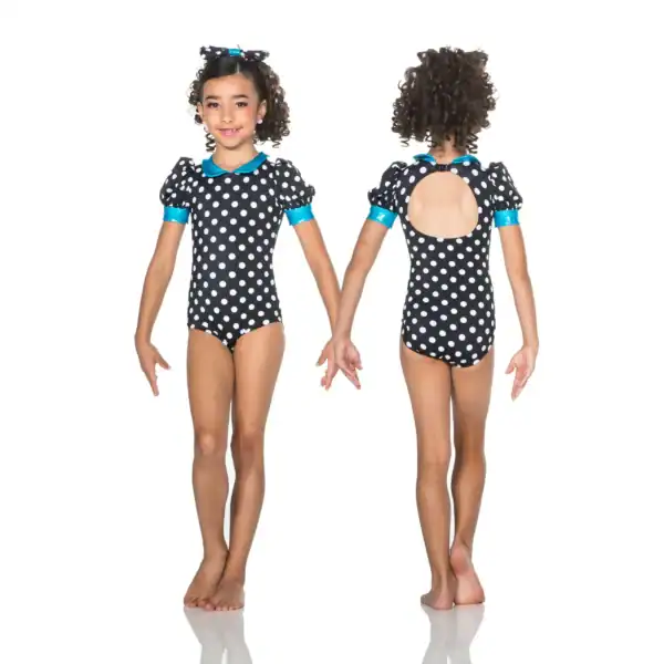 Girl modeling black polka-dot leotard, front and back views