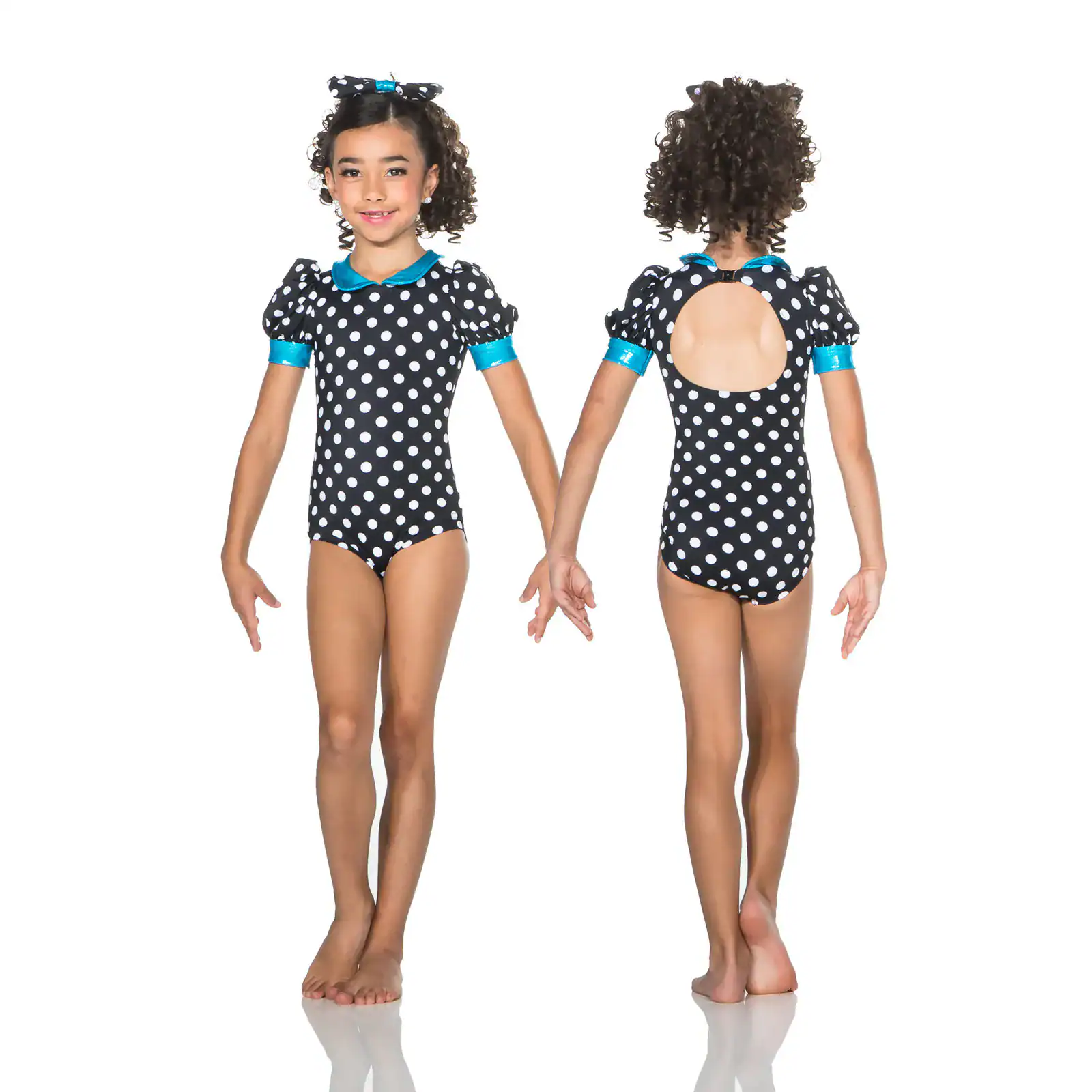 Girl modeling black polka-dot leotard, front and back views