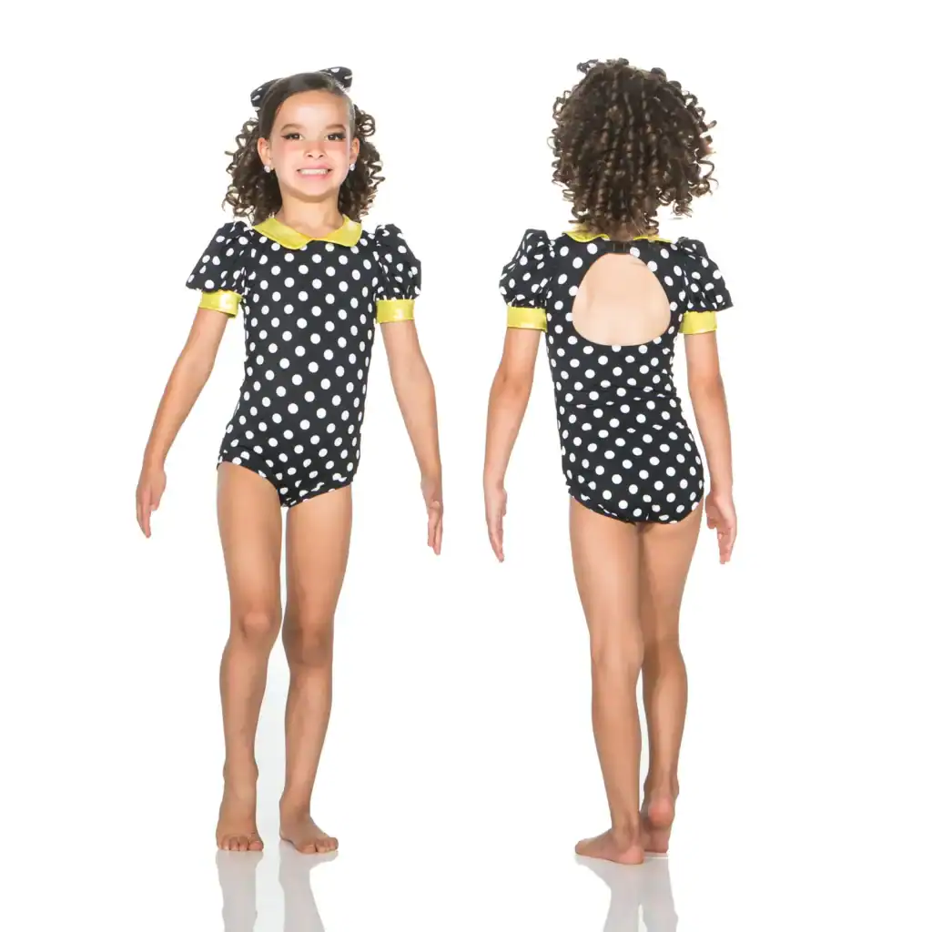 Girl modeling black polka-dot leotard, front and back views