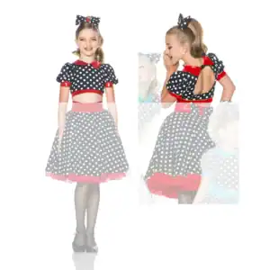 Girl wearing black polka-dot dance costume with red trim