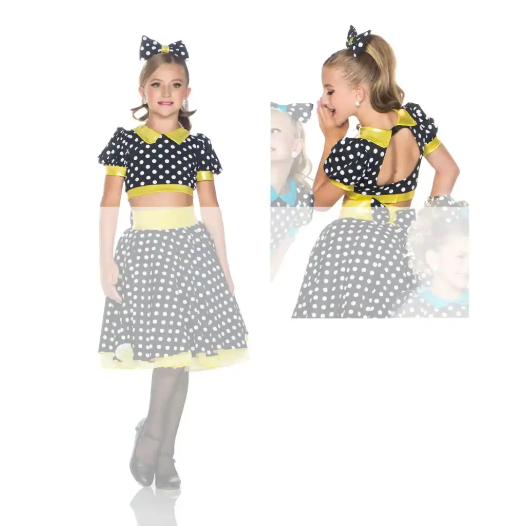 Girl wearing black polka-dot dance costume with yellow accents
