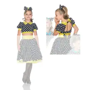 Girl wearing black polka-dot dance costume with yellow accents