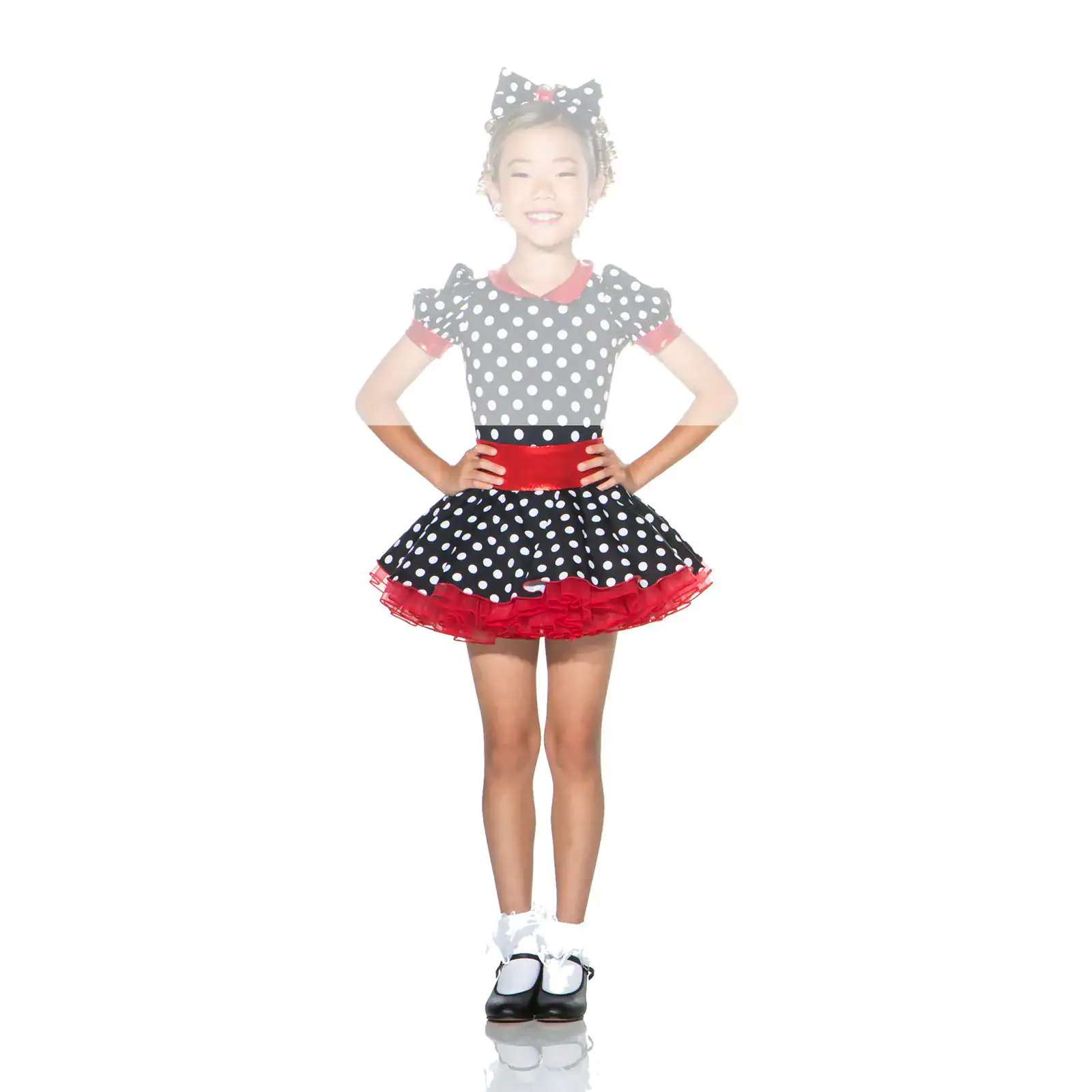 Smiling girl in black polka-dot dress with red accents