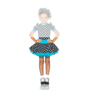 Girl wearing black polka-dot dress with turquoise trim