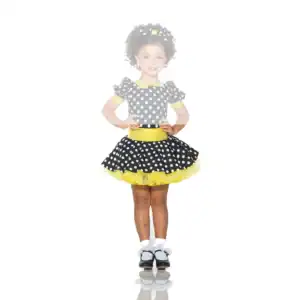 Girl wearing black polka-dot dress with yellow ruffles