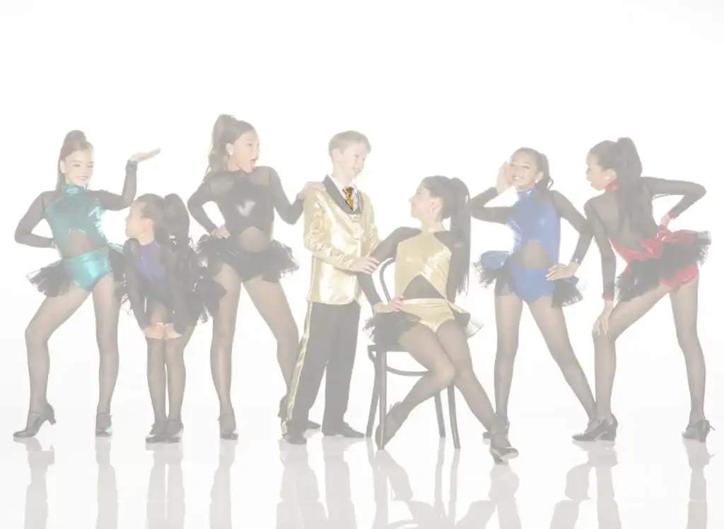 Young dancers in colorful costumes pose against white background.