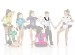 Seven young dancers in colorful costumes posing together