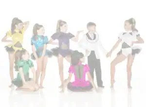 Young dancers wearing colorful costumes pose in a studio.