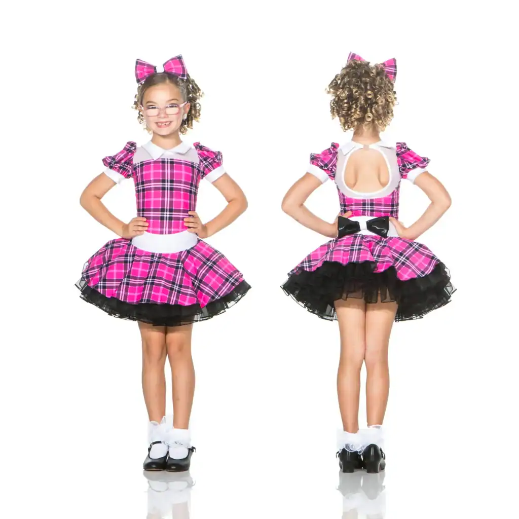 Girl modeling pink plaid dress, front and back views