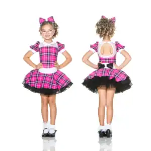 Girl modeling pink plaid dress, front and back views