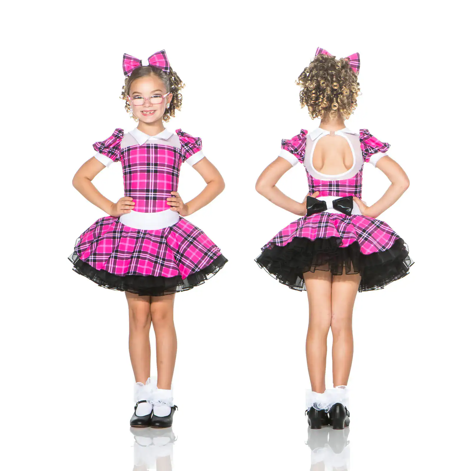 Girl modeling pink plaid dress, front and back views