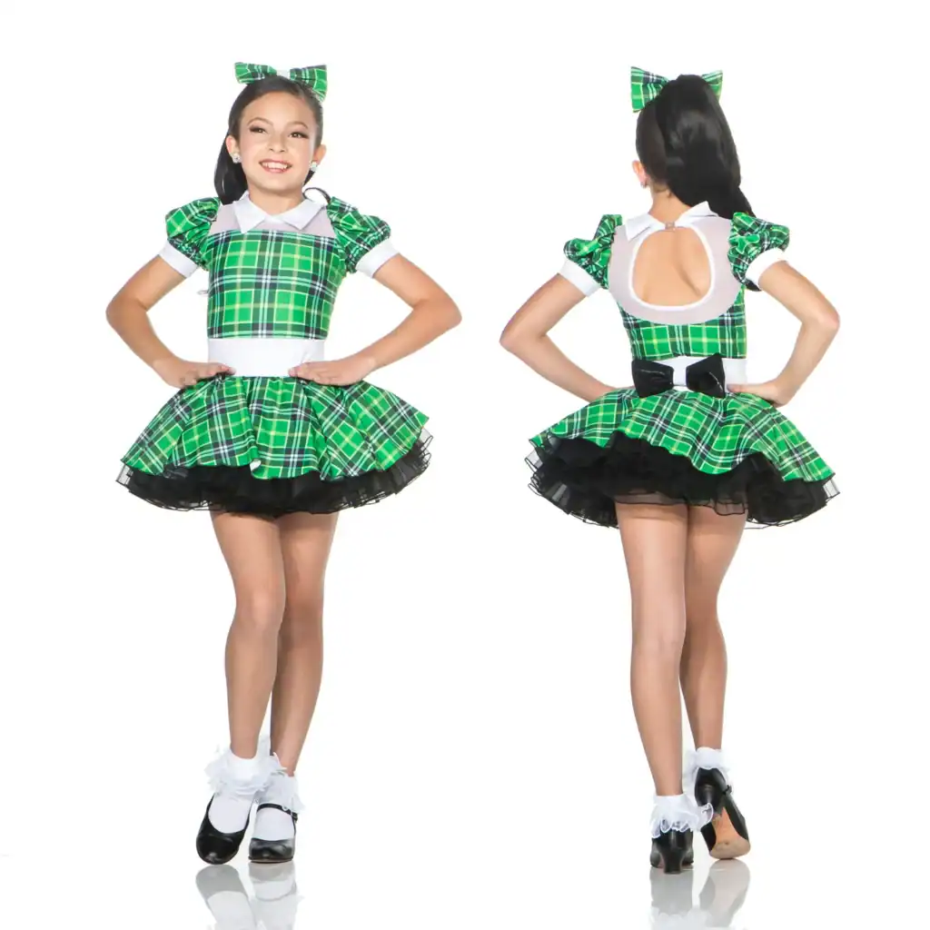 Front and back views of girl's green plaid dance costume