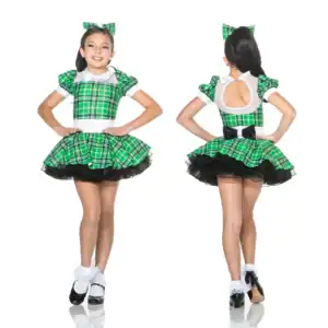 Front and back views of girl's green plaid dance costume