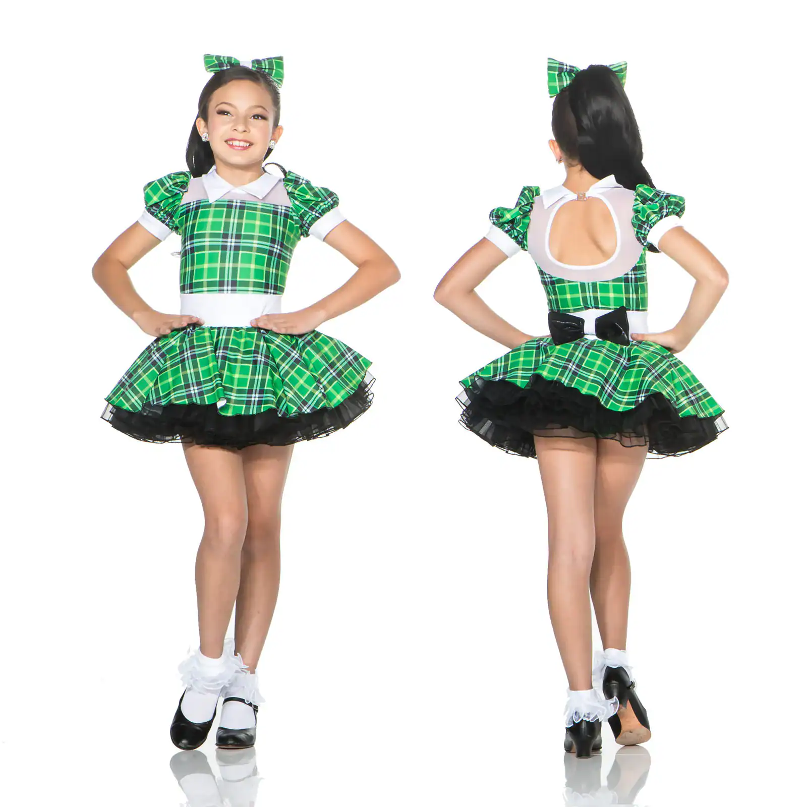 Front and back views of girl's green plaid dance costume