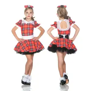 Girl modeling red plaid dress costume, front and back views