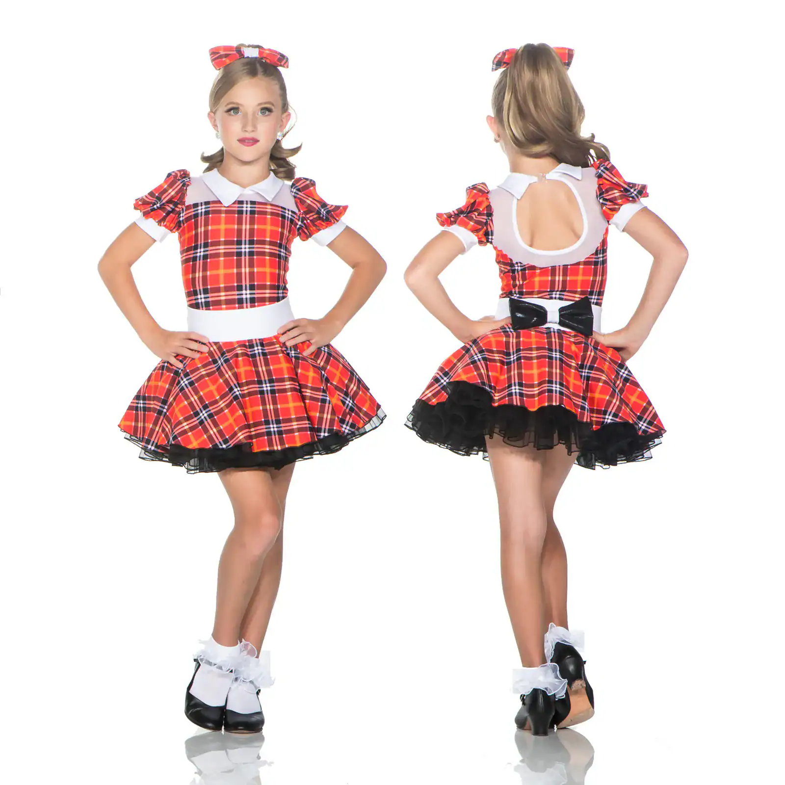 Girl modeling red plaid dress costume, front and back views