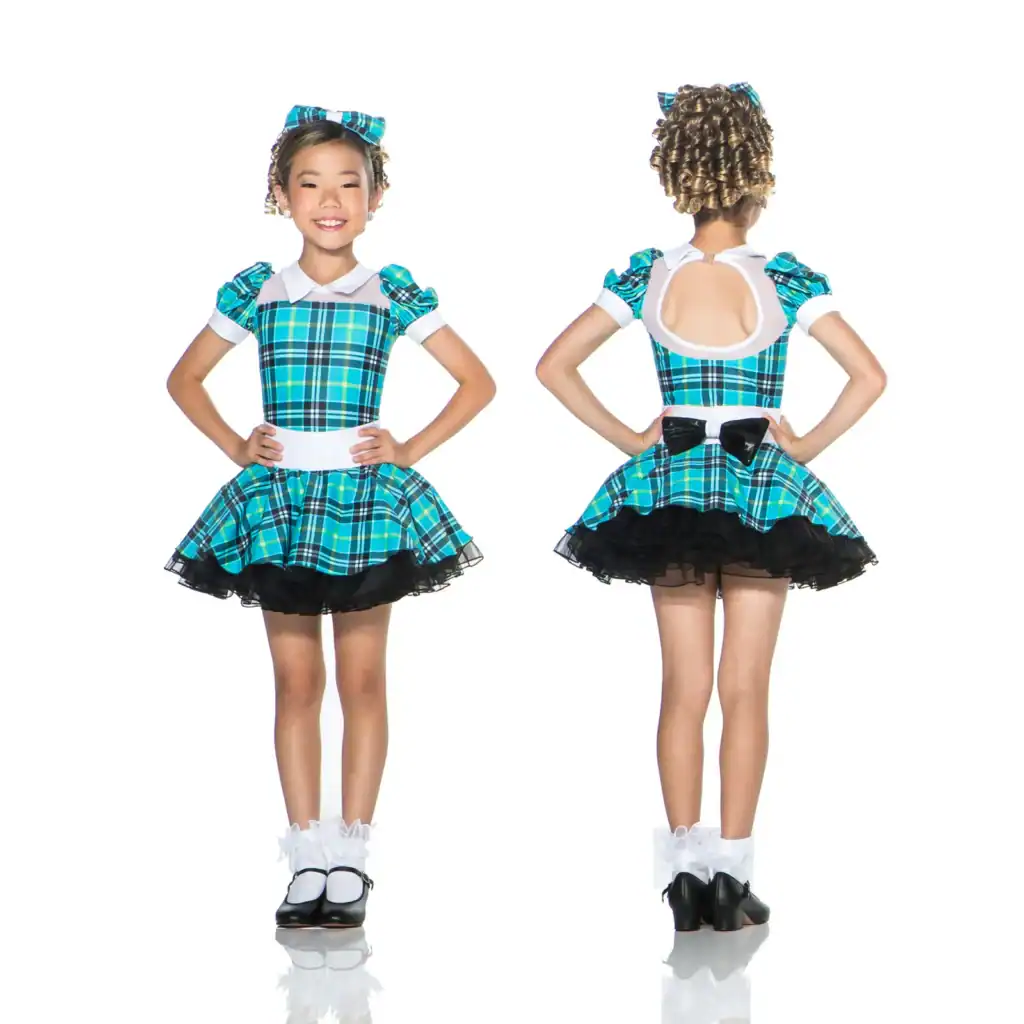 Girl modeling turquoise plaid dance costume, front and back views