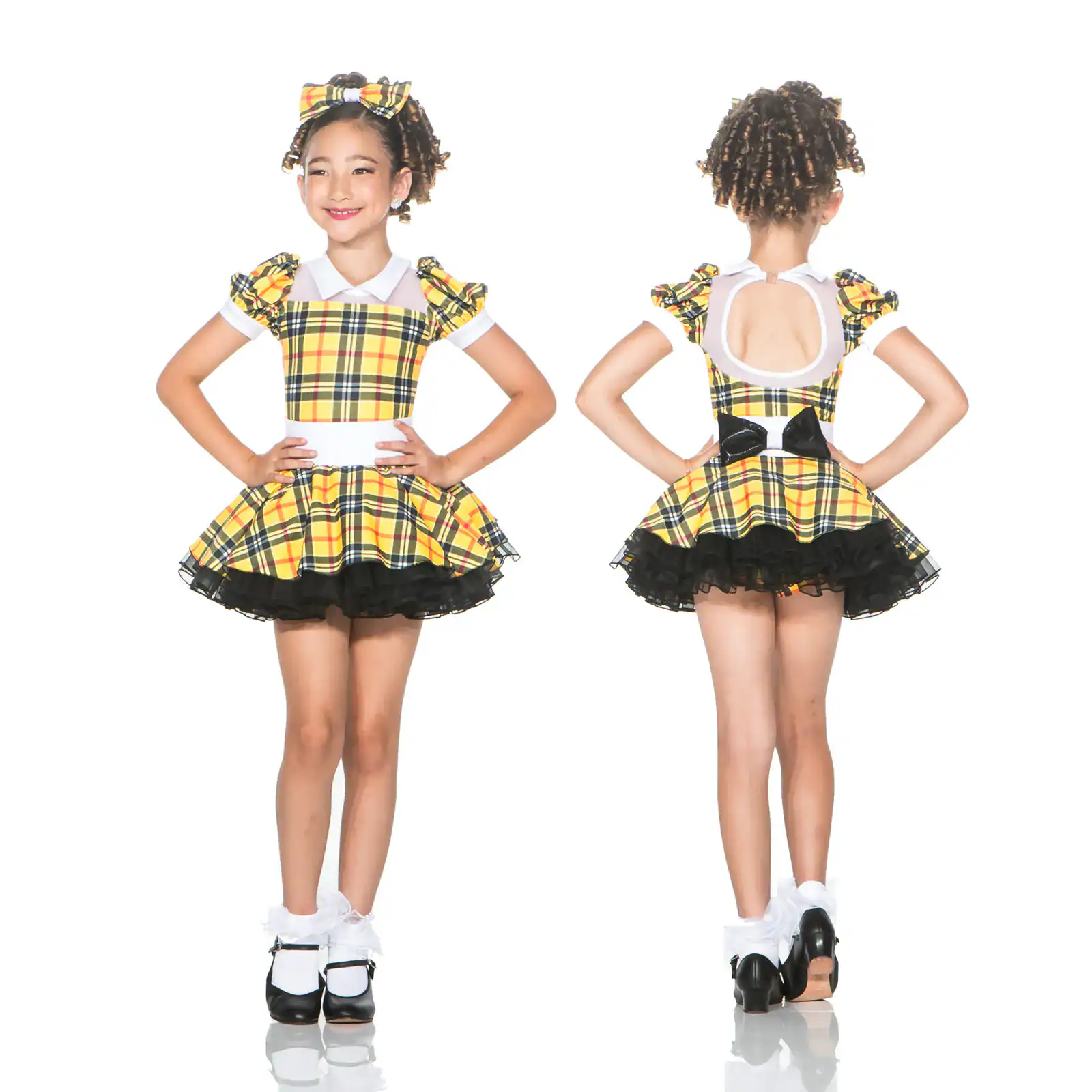 Girl modeling yellow plaid dress, front and back views
