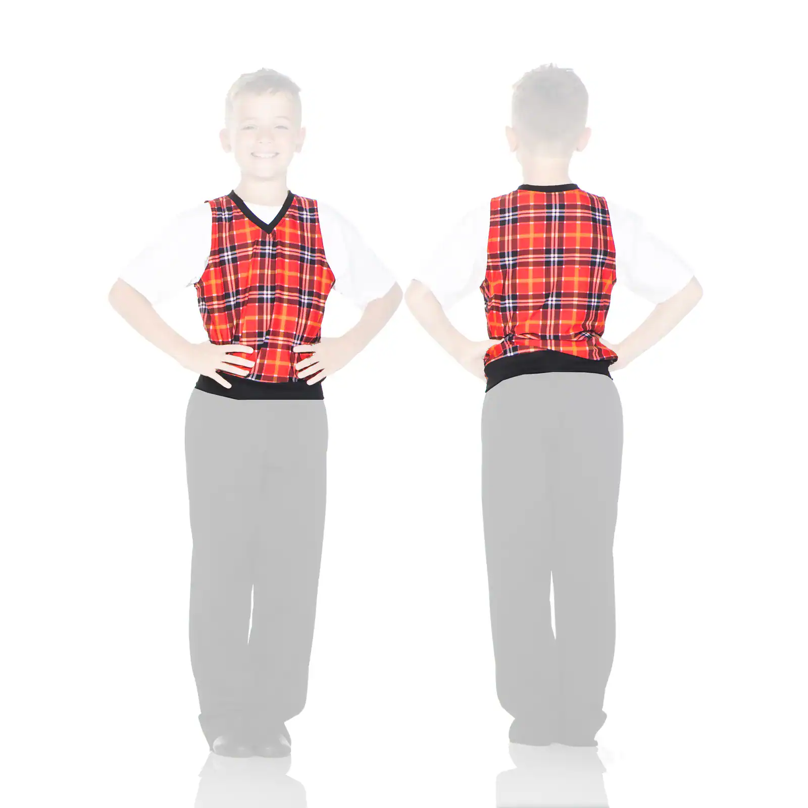 Boy modeling red plaid vest, front and back views