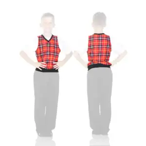 Front and back views of boy wearing red plaid vest