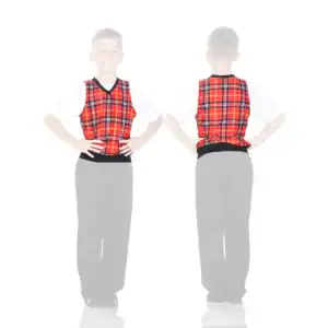 Boy modeling red plaid vest, front and back views