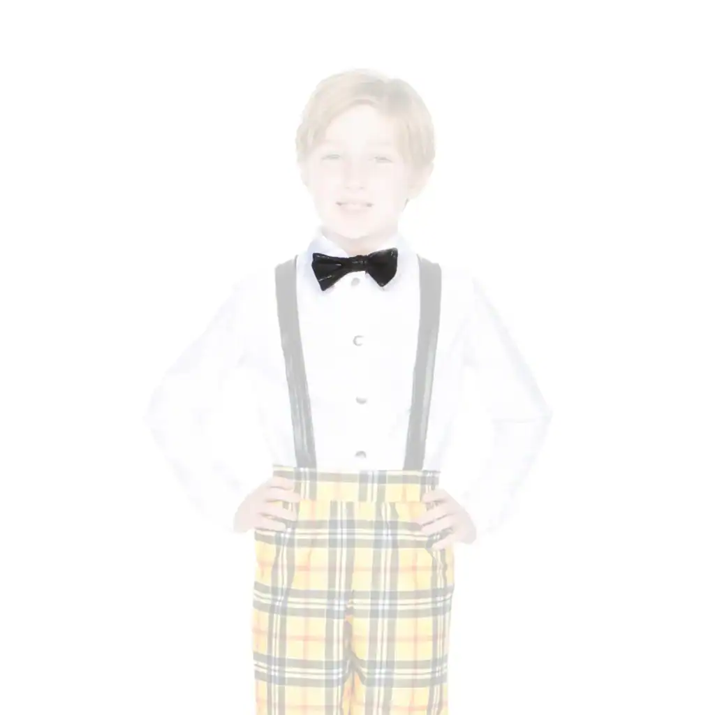 Boy wearing bow tie, suspenders, and plaid pants