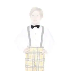 Boy wearing bow tie, suspenders, and plaid pants