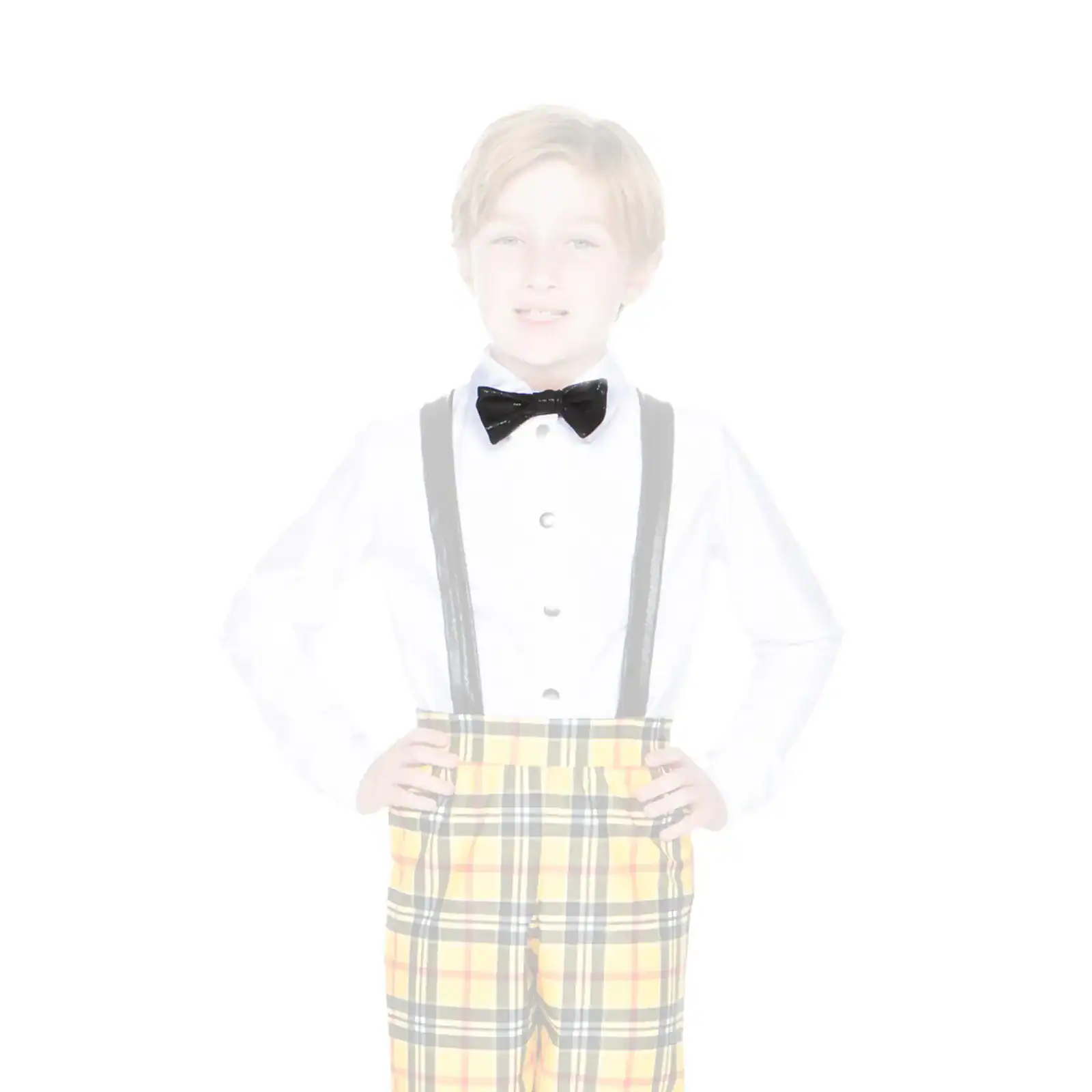 Boy wearing bow tie, suspenders, and plaid pants