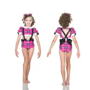 Girl modeling pink plaid dance costume, front and back views