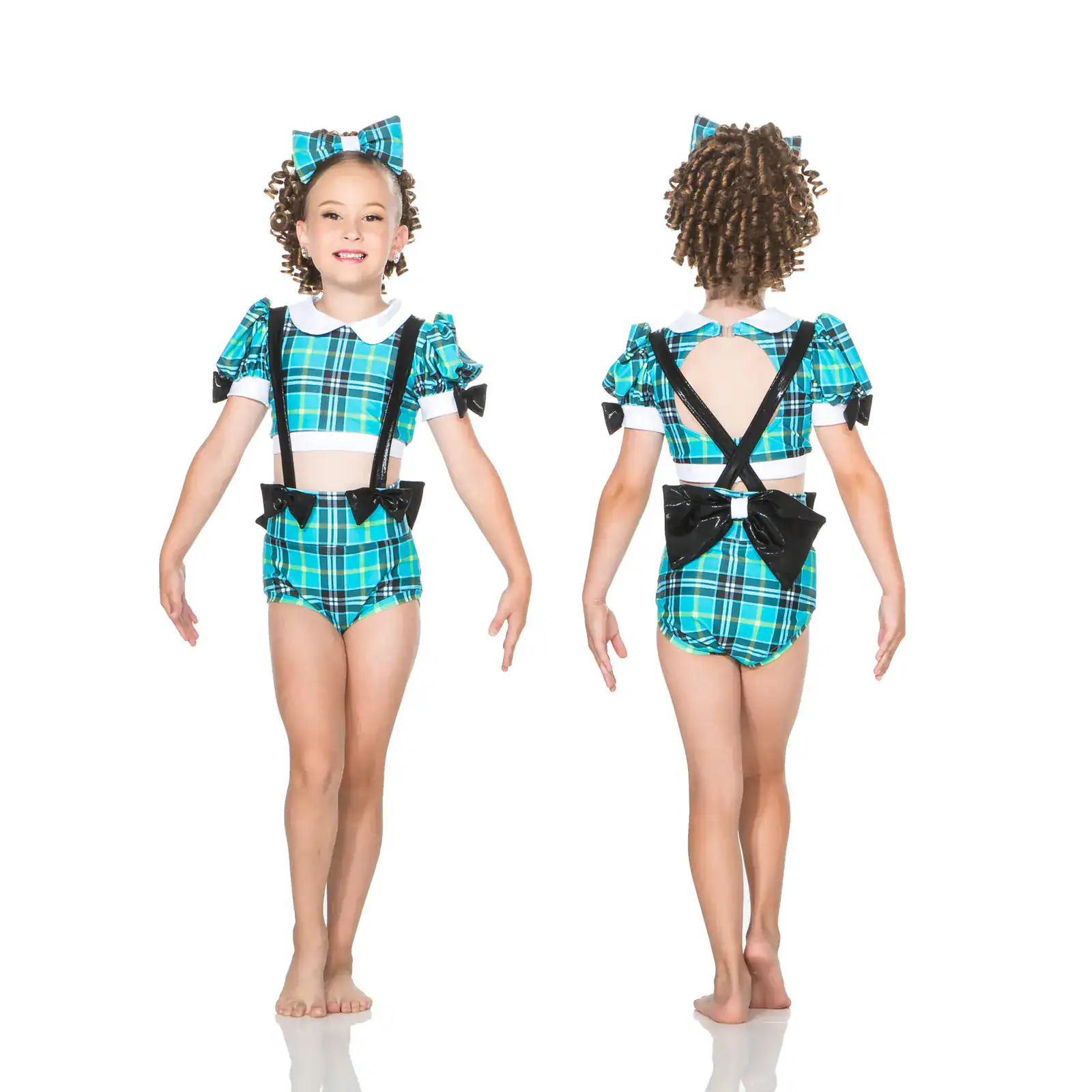 Girl modeling turquoise plaid dance costume, front and back views