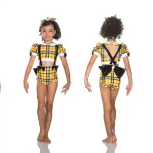 Girl modeling yellow plaid dance costume, front and back views