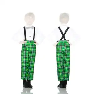 Boy modeling green plaid pants with black suspenders, front and back