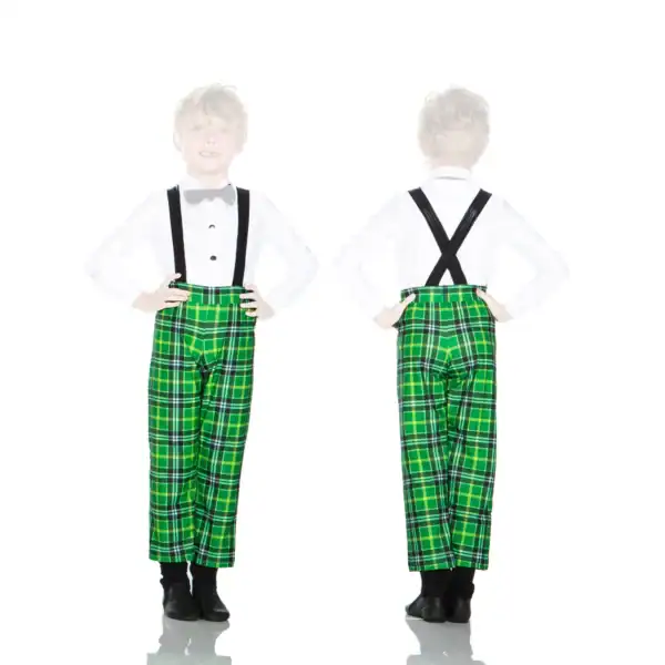 Boy modeling green plaid pants with black suspenders, front and back