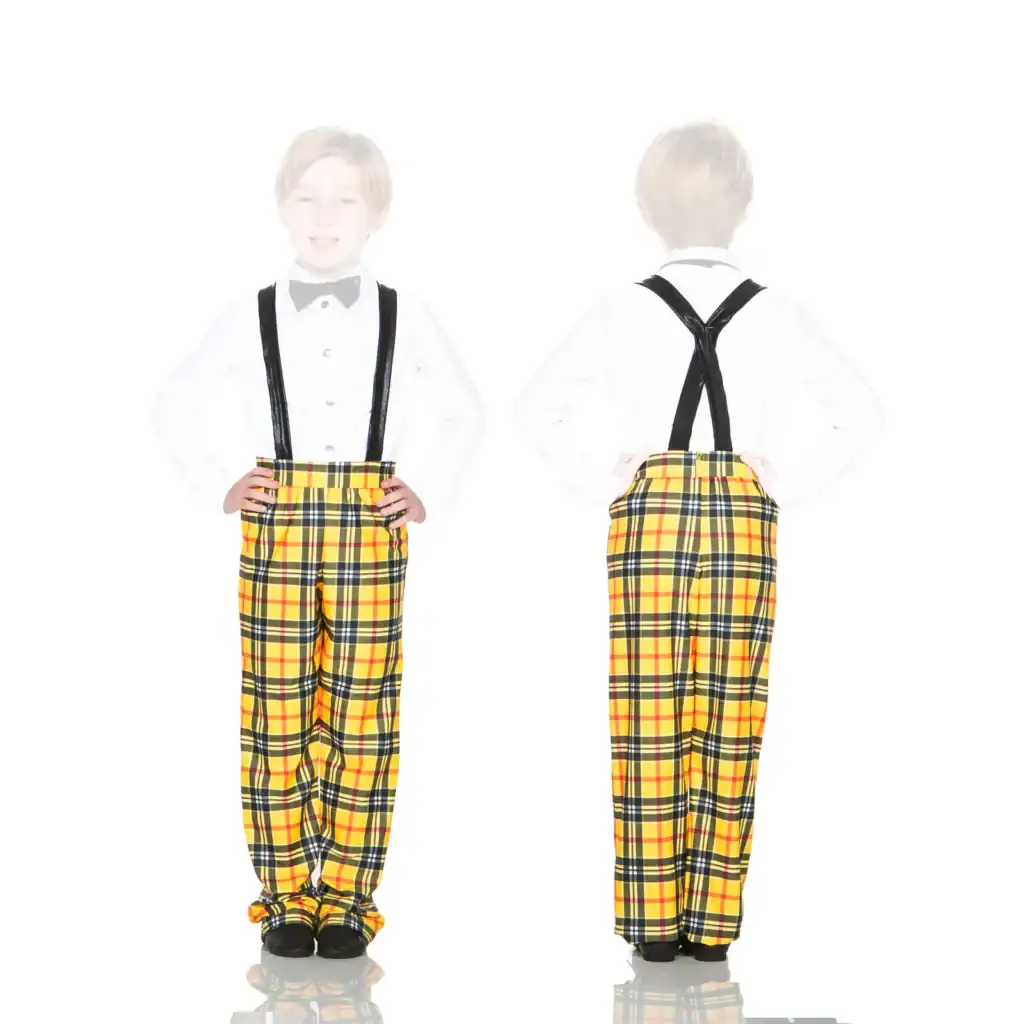 Boy modeling yellow plaid pants with black suspenders, front and back