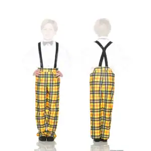 Boy modeling yellow plaid pants with black suspenders, front and back